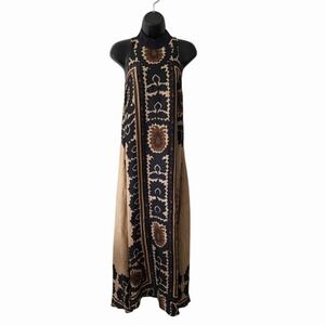 Farm Rio Midi Dress Boho Tribal Print High Neck Sleeveless Neutral Dress Size XS